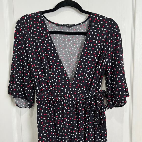 Zara Short Sleeve Black Polka Dot Wrap Midi Dress Women's Size Medium - Picture 3 of 11